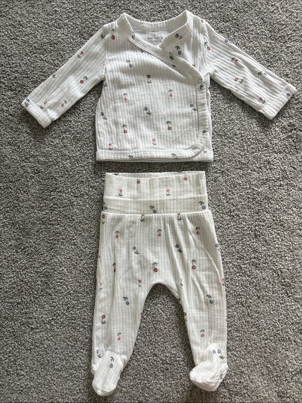 Carter's Cream Ribbed Floral Wrap Top and Footed Pants Set